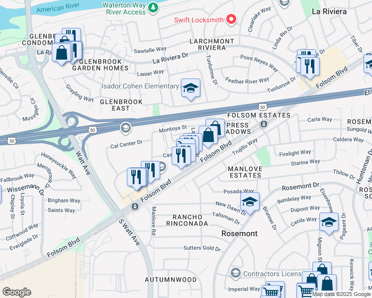 map of restaurants, bars, coffee shops, grocery stores, and more near 9025 Casals Street in Sacramento