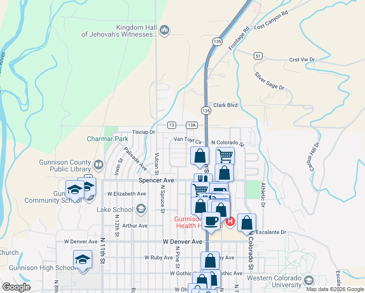 map of restaurants, bars, coffee shops, grocery stores, and more near 302 Tyler Lane in Gunnison