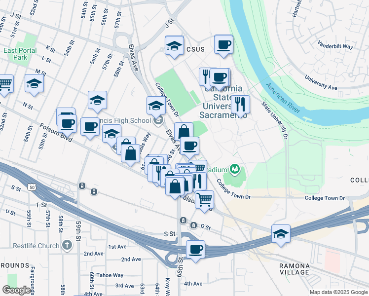 map of restaurants, bars, coffee shops, grocery stores, and more near 1309 63rd Street in Sacramento