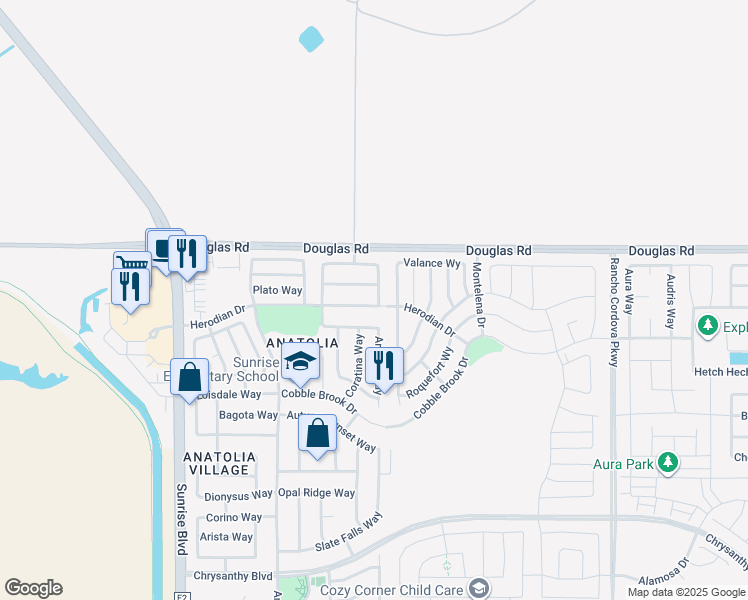 map of restaurants, bars, coffee shops, grocery stores, and more near 11887 Herodian Drive in Rancho Cordova