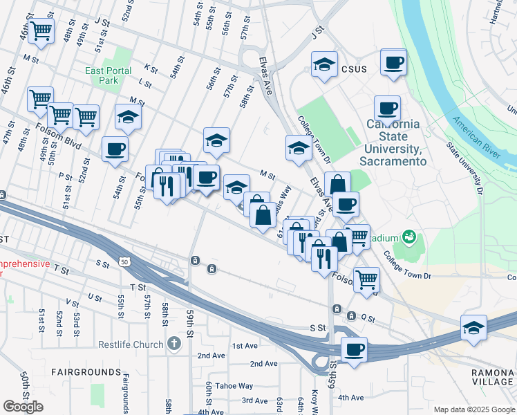 map of restaurants, bars, coffee shops, grocery stores, and more near 1360 60th Street in Sacramento