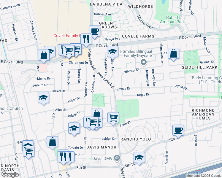 map of restaurants, bars, coffee shops, grocery stores, and more near 1925 Drexel Drive in Davis