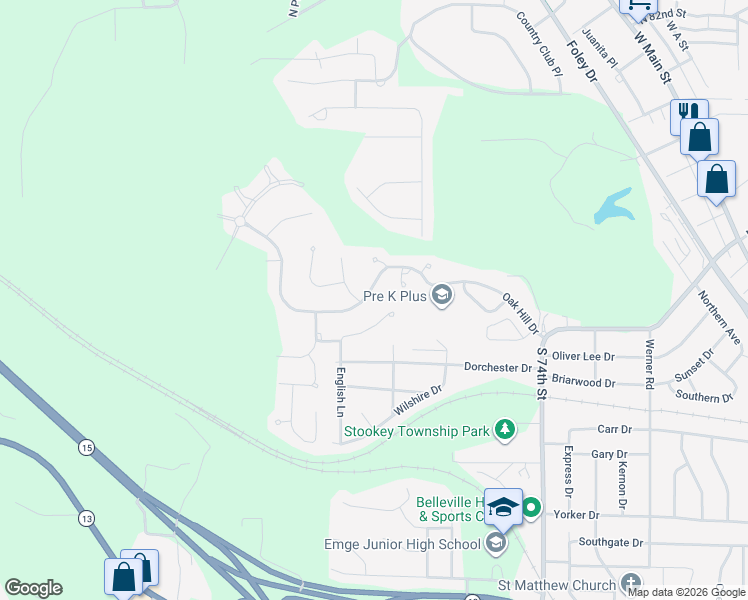 map of restaurants, bars, coffee shops, grocery stores, and more near 390 Oak Hill Drive in Belleville