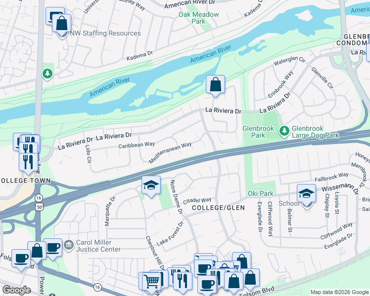 map of restaurants, bars, coffee shops, grocery stores, and more near 8380 Mediterranean Way in Sacramento