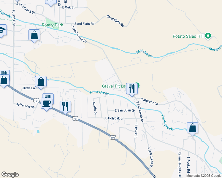 map of restaurants, bars, coffee shops, grocery stores, and more near 1018 South Valley View Court in Moab