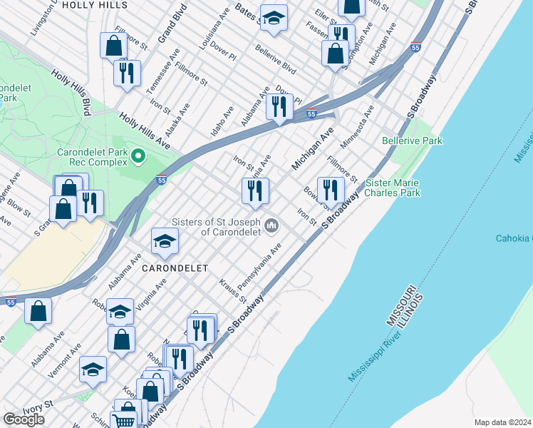 map of restaurants, bars, coffee shops, grocery stores, and more near 640 Holly Hills Avenue in St. Louis