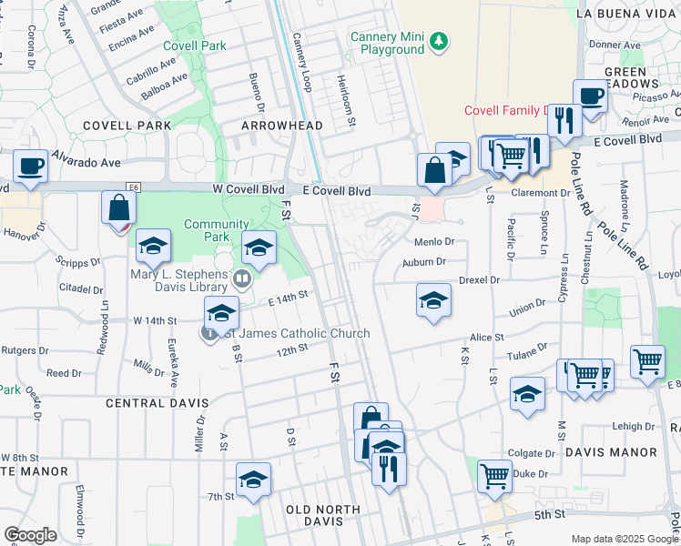 map of restaurants, bars, coffee shops, grocery stores, and more near 1421 H St in Davis