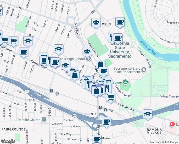 map of restaurants, bars, coffee shops, grocery stores, and more near 1322 62nd Street in Sacramento