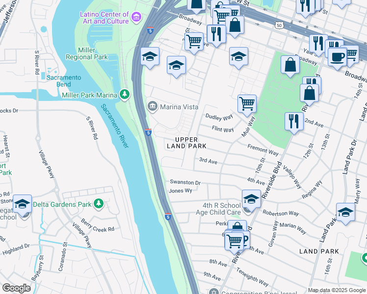 map of restaurants, bars, coffee shops, grocery stores, and more near 432 Vallejo Way in Sacramento