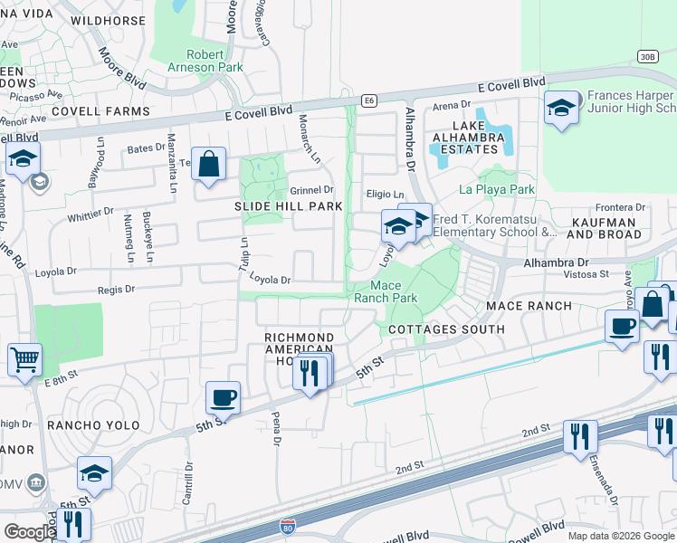 map of restaurants, bars, coffee shops, grocery stores, and more near 1302 Monarch Lane in Davis
