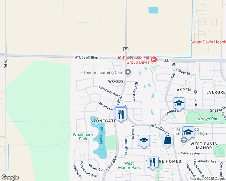 map of restaurants, bars, coffee shops, grocery stores, and more near 3031 Oyster Bay Avenue in Davis