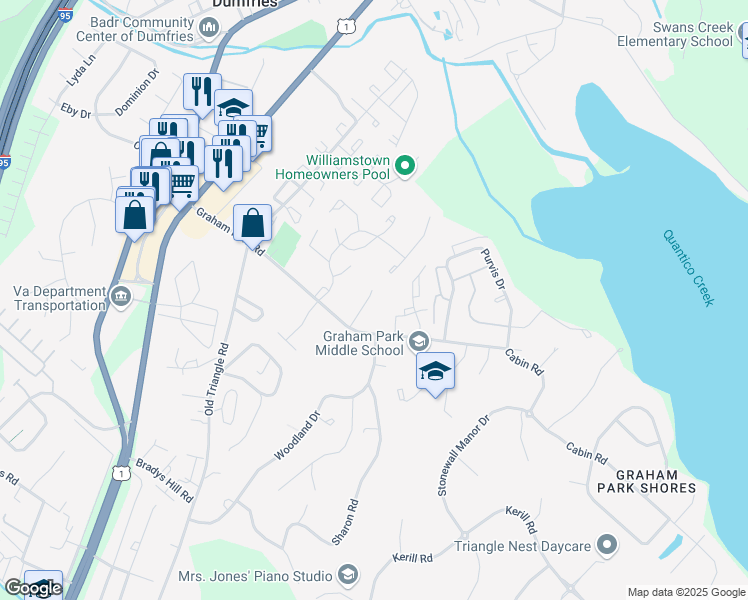 map of restaurants, bars, coffee shops, grocery stores, and more near 18203 Graham Court in Triangle