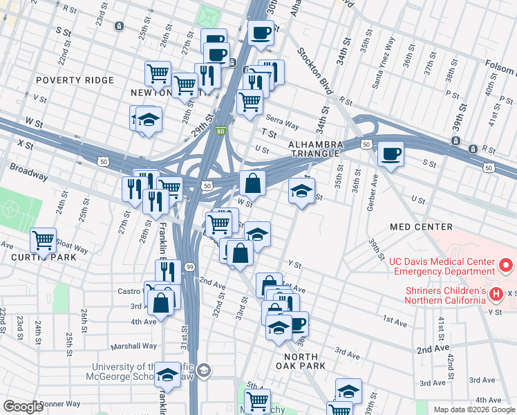 map of restaurants, bars, coffee shops, grocery stores, and more near 3208 W Street in Sacramento