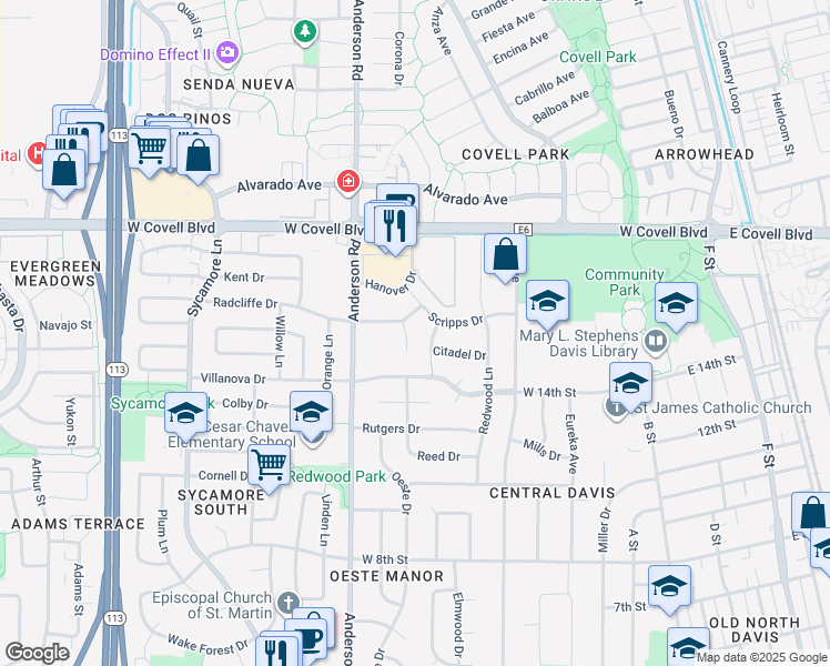map of restaurants, bars, coffee shops, grocery stores, and more near 1626 Holly Lane in Davis