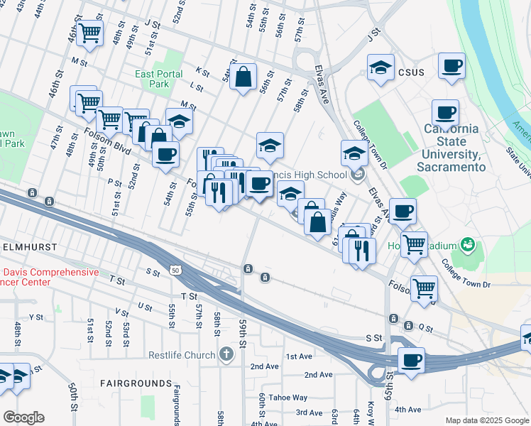 map of restaurants, bars, coffee shops, grocery stores, and more near 5901 Folsom Boulevard in Sacramento