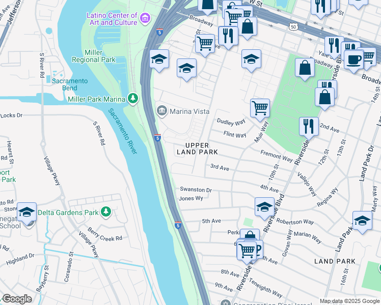 map of restaurants, bars, coffee shops, grocery stores, and more near 432 Vallejo Way in Sacramento