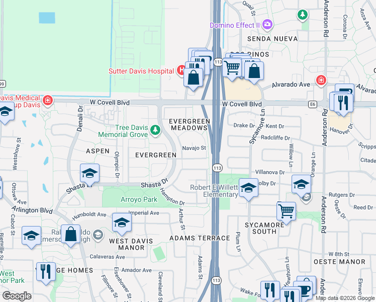 map of restaurants, bars, coffee shops, grocery stores, and more near 1605 Rio Grande Street in Davis