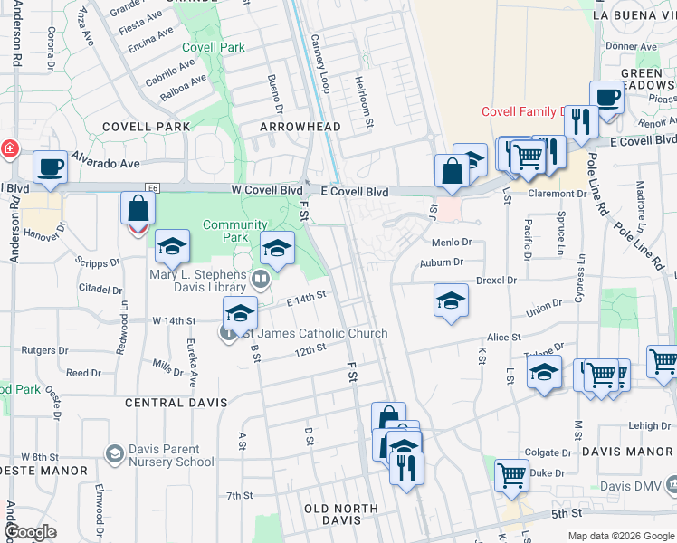 map of restaurants, bars, coffee shops, grocery stores, and more near 1422 F Street in Davis