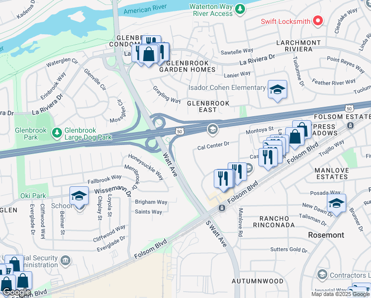 map of restaurants, bars, coffee shops, grocery stores, and more near 8880 Cal Center Drive in Sacramento