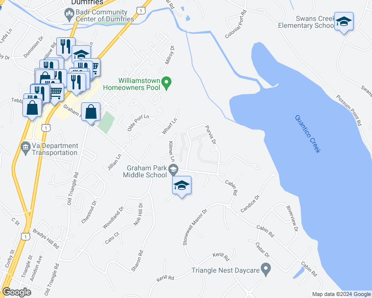 map of restaurants, bars, coffee shops, grocery stores, and more near 18166 Purvis Drive in Triangle
