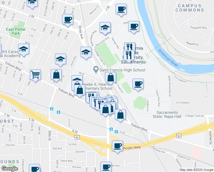 map of restaurants, bars, coffee shops, grocery stores, and more near Elvas Ave & 63rd St in Sacramento