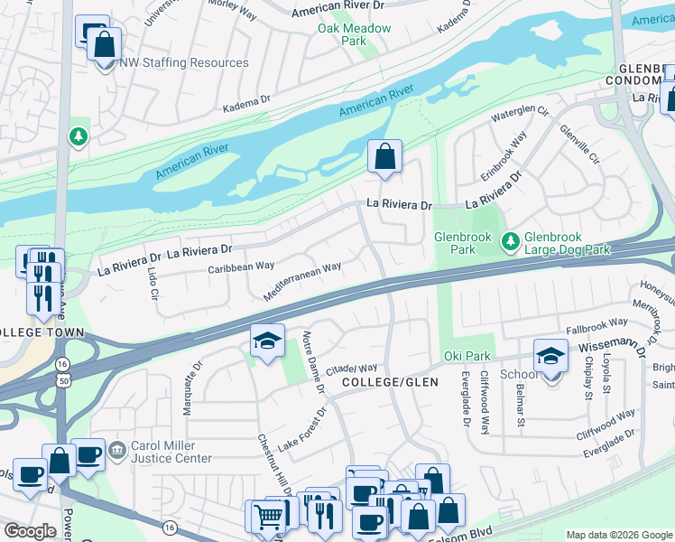 map of restaurants, bars, coffee shops, grocery stores, and more near 8380 Mediterranean Way in Sacramento