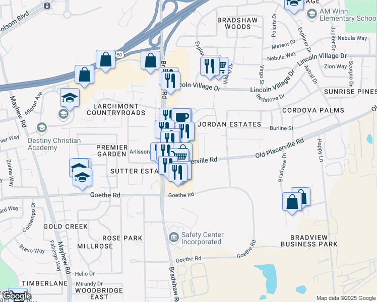 map of restaurants, bars, coffee shops, grocery stores, and more near 3557 Bradshaw Road in Sacramento