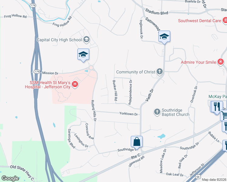 map of restaurants, bars, coffee shops, grocery stores, and more near 1705 Providence in Jefferson City