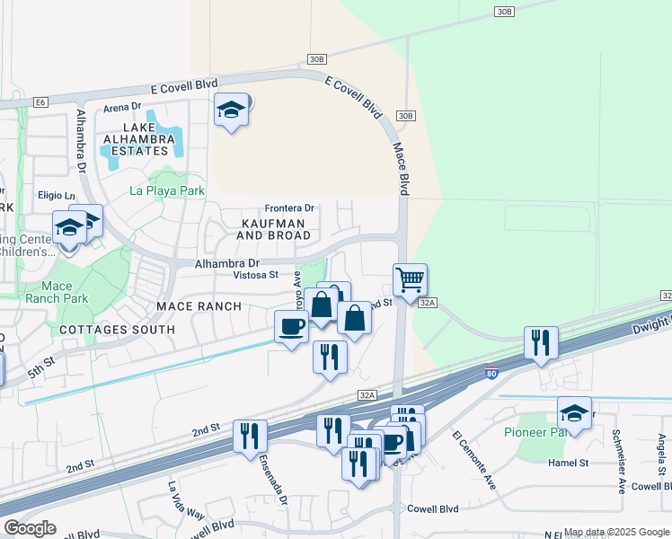 map of restaurants, bars, coffee shops, grocery stores, and more near 4500 Alhambra Drive in Davis