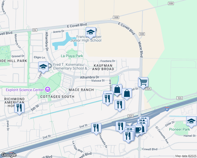 map of restaurants, bars, coffee shops, grocery stores, and more near 4205 Vistosa St in Davis