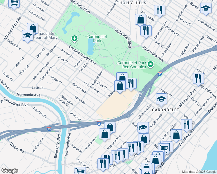 map of restaurants, bars, coffee shops, grocery stores, and more near 3611 Blow Street in St. Louis