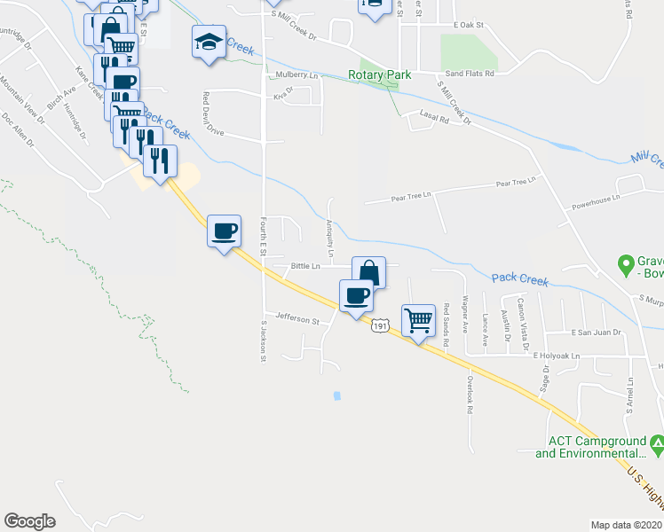 map of restaurants, bars, coffee shops, grocery stores, and more near 573 Bittle Lane in Moab