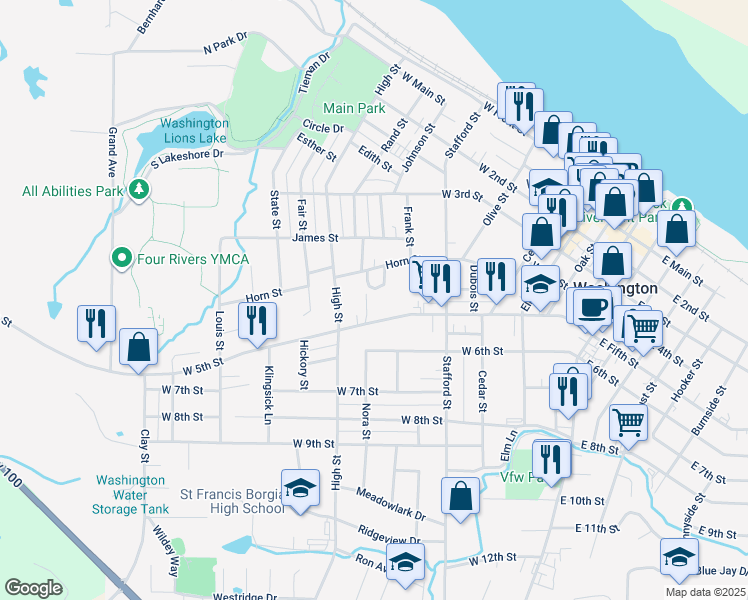 map of restaurants, bars, coffee shops, grocery stores, and more near 421 Birchwood Court in Washington