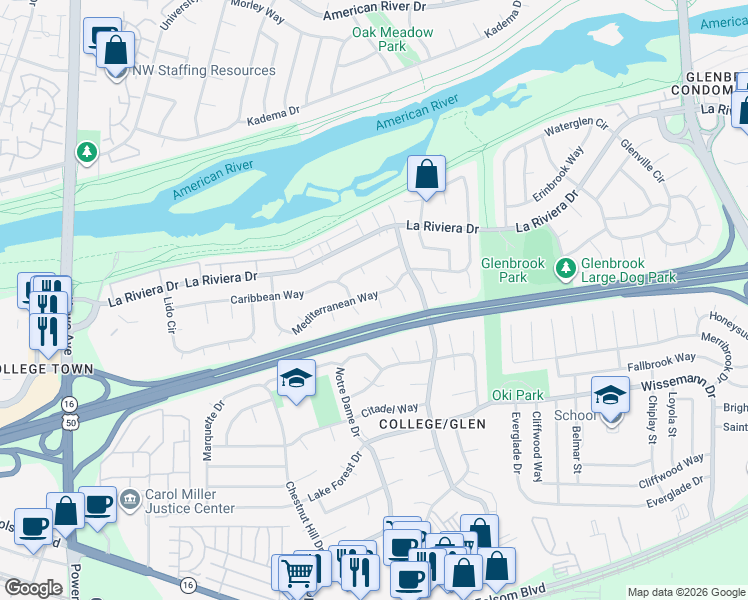 map of restaurants, bars, coffee shops, grocery stores, and more near 8380 Mediterranean Way in Sacramento