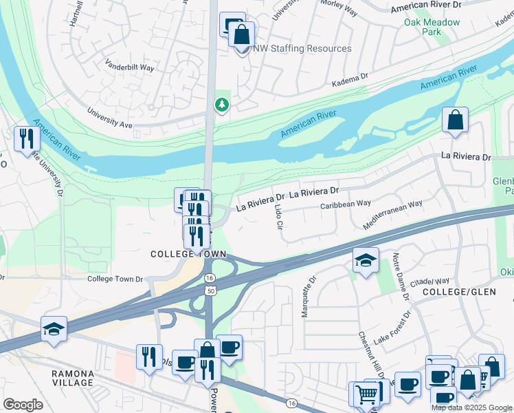 map of restaurants, bars, coffee shops, grocery stores, and more near 7908 La Riviera Drive in Sacramento