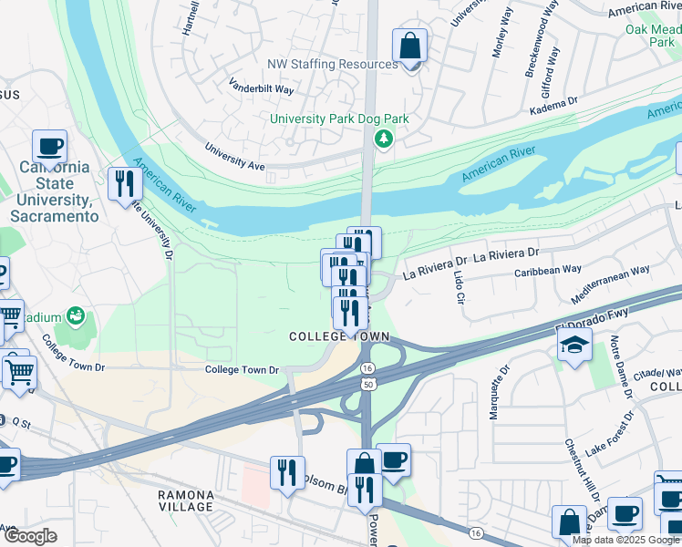map of restaurants, bars, coffee shops, grocery stores, and more near 7840 La Riviera Drive in Sacramento