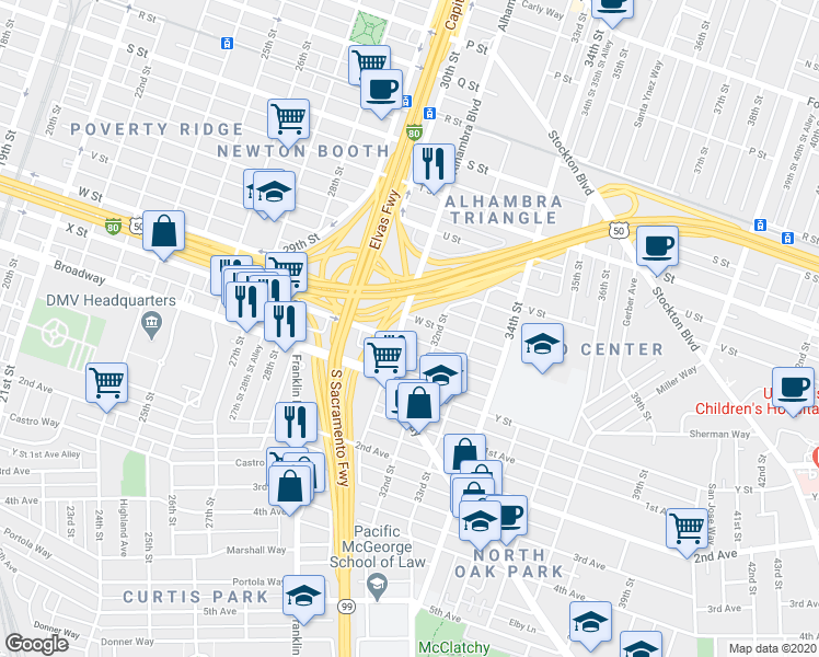 map of restaurants, bars, coffee shops, grocery stores, and more near 231 West Street X Street Alley in Sacramento