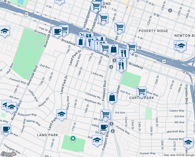 map of restaurants, bars, coffee shops, grocery stores, and more near 1800 Commercial Way in Sacramento