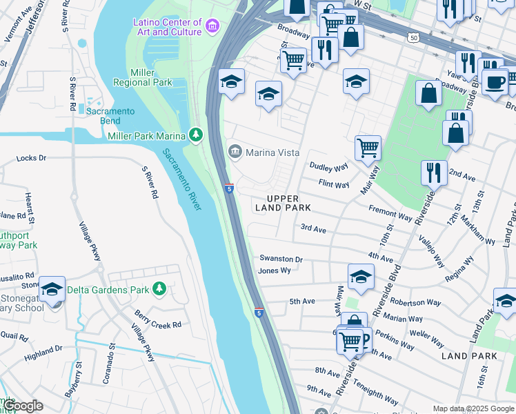 map of restaurants, bars, coffee shops, grocery stores, and more near 382 River Bend Circle in Sacramento