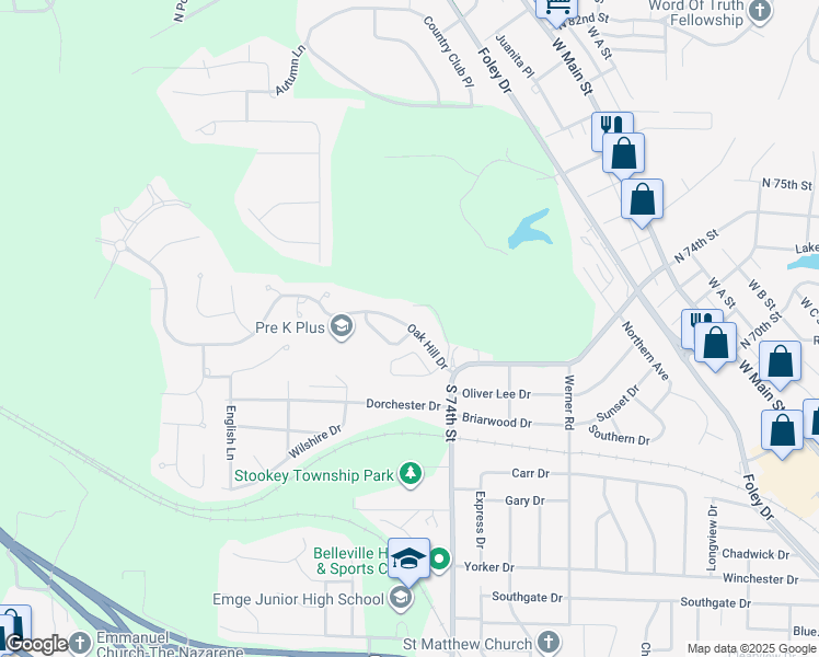 map of restaurants, bars, coffee shops, grocery stores, and more near 45 Oak Hill Drive in Belleville