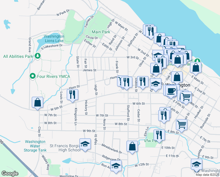 map of restaurants, bars, coffee shops, grocery stores, and more near 715 West 5th Street in Washington