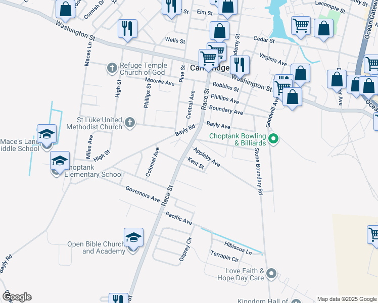 map of restaurants, bars, coffee shops, grocery stores, and more near 1204 Maryland 341 in Cambridge