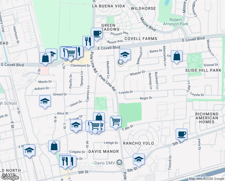 map of restaurants, bars, coffee shops, grocery stores, and more near 1925 Drexel Drive in Davis