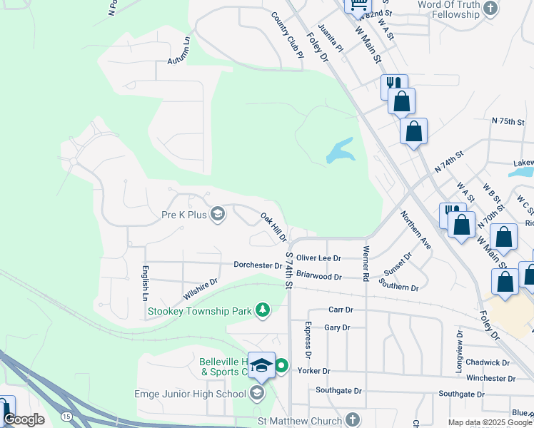 map of restaurants, bars, coffee shops, grocery stores, and more near 45 Oak Hill Drive in Belleville