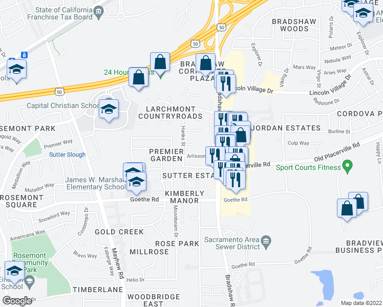 map of restaurants, bars, coffee shops, grocery stores, and more near 9619 Arlisson Drive in Sacramento