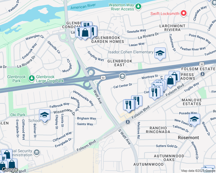 map of restaurants, bars, coffee shops, grocery stores, and more near 8880 Cal Center Drive in Sacramento