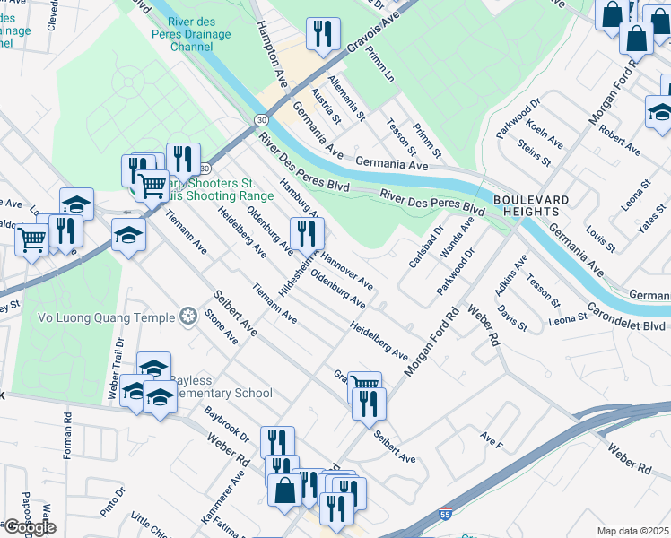 map of restaurants, bars, coffee shops, grocery stores, and more near 4650 Hanover Avenue in St. Louis