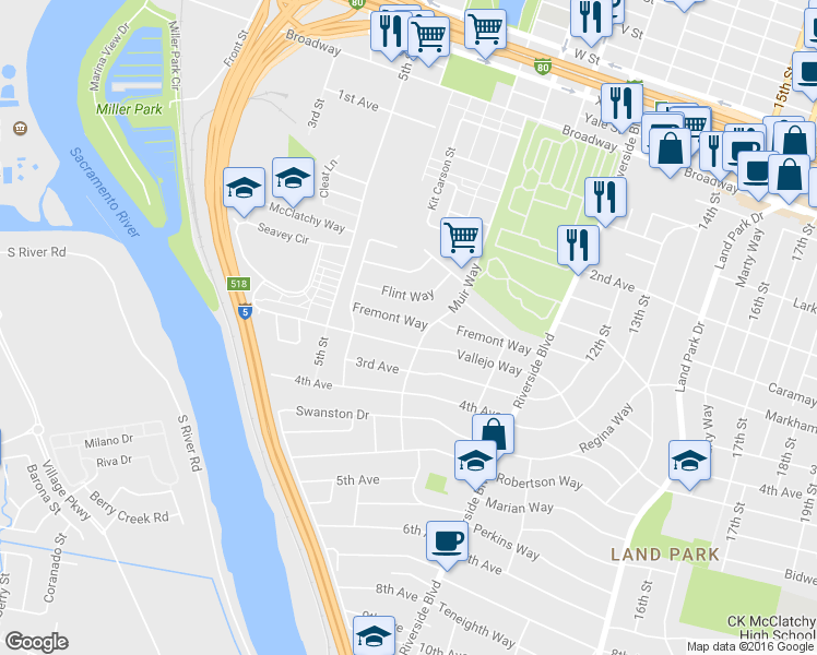 map of restaurants, bars, coffee shops, grocery stores, and more near 630 Fremont Way in Sacramento