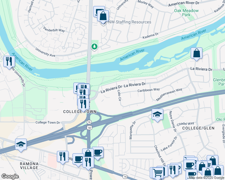 map of restaurants, bars, coffee shops, grocery stores, and more near 6 Lido Circle in Sacramento