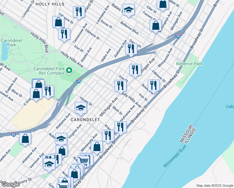 map of restaurants, bars, coffee shops, grocery stores, and more near 6425 Michigan Avenue in St. Louis